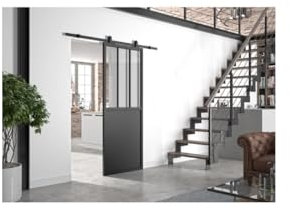 OPTIMUM Kit porte coulissante ATELIER noir + rail apparent - 204 x 83 cm - verre transparent