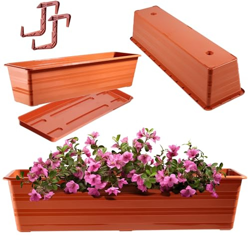 KADAX Fioriera 60 cm con sottovasi e 2 manici Terracotta, vaso da balcone in plastica, cassetta per piante resistente alle intemperie, vaso per fiori, cassetta da ringhiera per fiori, erbe aromatiche