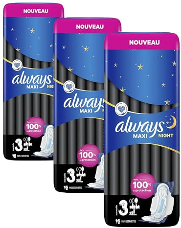 Always Maxi Serviettes Hygiéniques, Taille 3, Night, 16 Serviettes Avec Ailettes, Flux Très Abondants Nuit, Cœur Ultra Absorbant et Barrières Anti-Fuites (Lot de 3)