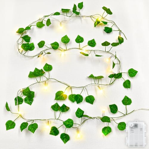 Dalugo Ivy Battery Fairy Lights, 2M 20LED Warm White Battery Operated Vine Fairy Lights with 6h Timer, IP65 Waterproof Artificial Ivy Leaf Garland with String Lights for Garden,Wedding,Home Wall Decor