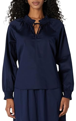 Amazon Essentials Chemisier Décontracté à Manches Longues et Col à Volants en Satin de Coton (Jupe Vendue Séparément) Femme, Bleu Marine, XS