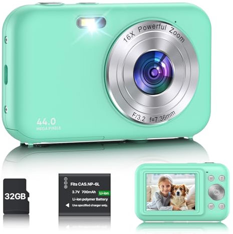 Appareil Photo Numérique Compact avec Carte de 32 Go, Appareil Photo 1080P 44 MP avec Zoom Numérique 16X et 1 Batterie, Appareil Photo LCD 2,4 pour Enfants, Adolescents, Débutants (Vert)