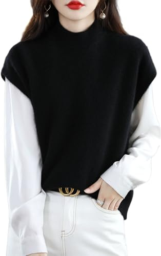 Ailaile Gilet in maglia da donna con collo a lupetto, 100% lana merino senza maniche, pullover basico, blusa corta, nero, XL