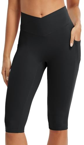 baleaf Women's Capri Leggings with Pockets Knee Length Stretch Casual Exercise Summer Yoga Workout Pants Black L
