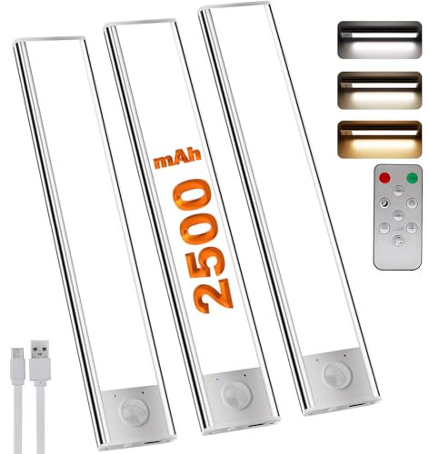 LuJasi Luz LED con Sensor de Movimiento 20CM 2500mAh Luz Armario 3000k-6000k USB-C Recargable con Función de temporización y Regulación Remota LED Cocina Bajo Mueble (3 piezas)