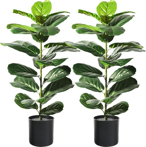 Suntee 2-pack konstgjorda fiolblad fikonträd, 76 cm fikus lyrata falska växter med krukor, golvväxt utomhus falska växter för vardagsrum, hörn, kontor, uteplats, fönsterbrädsdekor