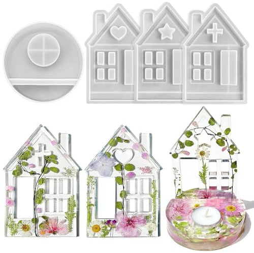 4 pezzi Stampi in Silicone per Gesso e Resina Casa 3D, Set Stampi Casetta con Finestra per Colata, Stampo per Casetta in Silicone per Candele Fai da Te, Ornamenti Decorativi Artigianali,Portacandele