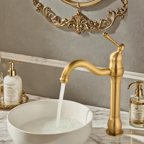 ROVOGO Antique Brass Vintage Basin Mixer Tap, Tall Tap for Bathroom Basin | High Rise Classic Brass Bathroom Sink Mixer Tap with 360° Swivel Spout, Single Lever Deck‑mounted Tap Countertop Basin Faucet
