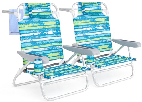 COSTWAY Lot de 2 Chaise Longue Pliante, Chaise de Plage Réglable en 5 Positions, Appui-tête, Porte-Serviette, Porte-Gobelet, Sangle d'Épaule, Fauteuil pour Plage Piscine Jardin, Charge 150 kg (Vert)