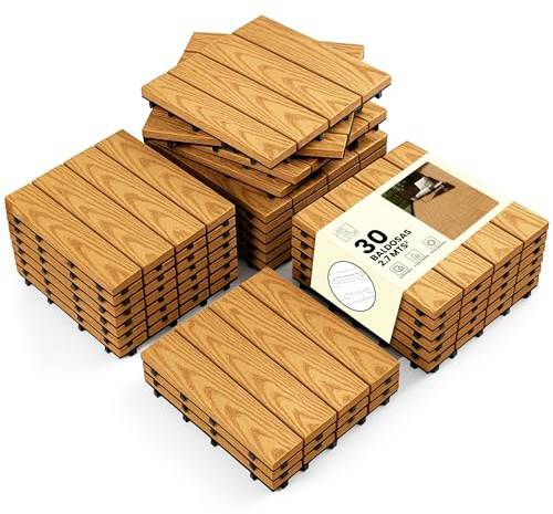 LARDECOR - Set de 30 Baldosas de WPC y Madera de Acacia【30x30 cm | 2,7 m²】Losetas Impermeables, Desmontables y Antideslizantes, Azulejos para Interior/Exterior (Madera)