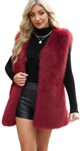 YuanDiann Gilet en fourrure synthétique pour femme - Automne et hiver - Décontracté - Col en V - Sans manches - Cadeau, rouge bordeaux, L
