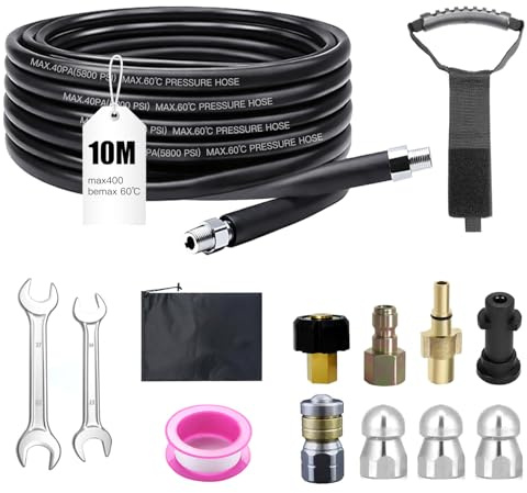 Kit de Manguera para Limpieza de Tuberías - 400 bar / 140°C - Compatible con Kärcher K2-K7 y Bosch - Incluye Adaptadores y Boquillas de Limpieza - Para Desagües y Tubos Obstruidos - Uso Universal