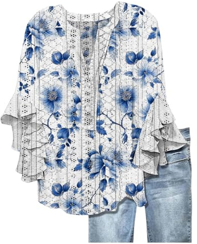Ladies Cotton Tops Womens Tops Casual Ruffle 3/4 Sleeve Shirts V Neck Button Up Baggy Top Plus Size Floral Printed Tee Eyelet Hollow Spring Summer Beach Blouses Multicolor XXL