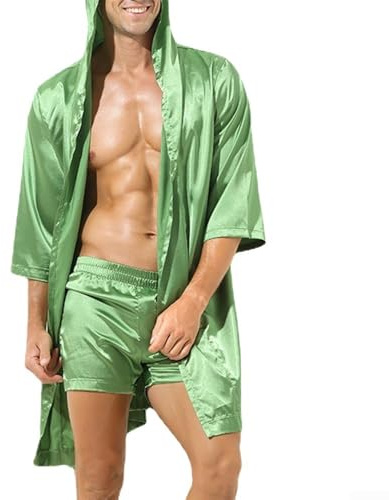 Accappatoio da uomo in raso con cappuccio, vestaglia kimono effetto seta, abito da notte ampio, abbigliamento da notte sottile estivo, abbigliamento casual loungewear, pigiama taglie forti con pizzo
