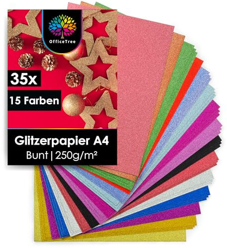 OfficeTree 50 x Glitzerpapier zum Basteln A4 – 20 Farben 250g/m² - Glitzer Papier A4 Bunt - Glitzer Bastelpapier - Glitzer Karton zum Basteln und Gestalten