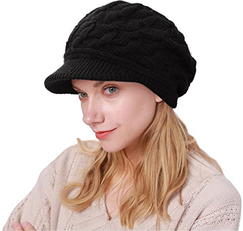 CheChury Warme Wollmütze für Damen - Winter Strickmütze mit Schirm in Kaschmir & Grobstrick, Schwarz