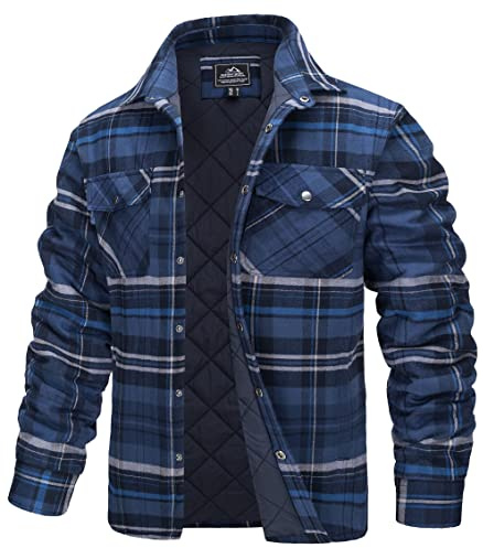 TACVASEN Quilted Shirts Men Padded Lumberjack Shirts Casual Plaid Flannel Jacket Long Sleeve Fleece Work Shirt with Pockets Blue Grey,L