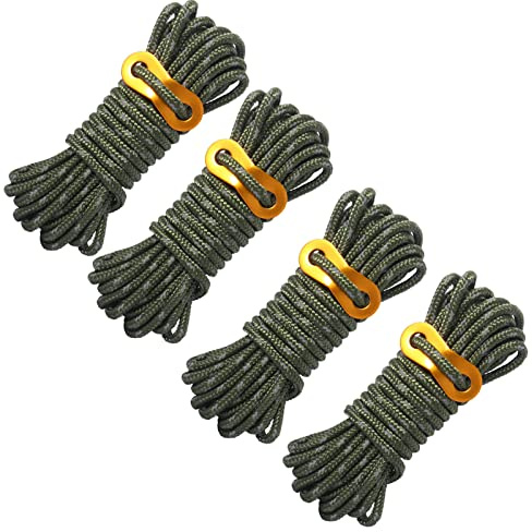 Camping tent guy ropes, Outdoor Guy Lines Tent Cords, AOPANDA with Aluminum Alloy Buckle for camping rope, Suitable for Camping, Outdoor Sports(4mm,13ft，green，4pack)