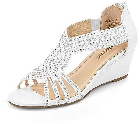 PIZZ ANNU Sandales Femme Été Compensées à Plateforme Escarpins Strass Sandale à Talon Compensé Mode Confort pour Soirée Mariage Chaussure Blanc EU 40