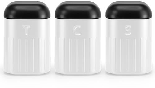 EHC Set of 3 Airtight Tea, Coffee & Sugar Food Storage Canisters Jars Set,Containers, White & Black