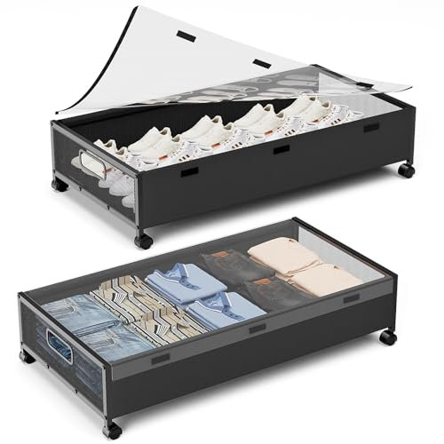 KITHELP Contenitori sotto il letto con ruote, confezione da 2 organizer per scarpe con coperchi rimovibili, grandi cassetti arrotolabili sotto il letto per vestiti, giocattoli, scarpe, coperte