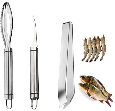 LONGHAO3 pcs Fischschuppen Entferner Set,Fischschupper Schaber,Fischschuppenschaber,Fischentschupper Edelstahl,Fisch Knochen Pinzette,Zum AufhäNgen und Spart Platz Ideales KüChenwerkzeug