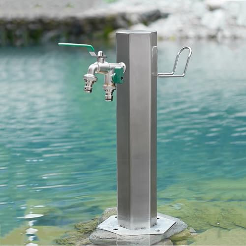 Fontana da Giardino Esterno Acciaio Inossidabile 304, Fontana a Colonna Fontanelle da Giardino con Doppio Rubinetto di Uscita Dell'acqua e Pistola a Spruzzo, Rubinetto Antigelo per Esterno(50cm/19in)