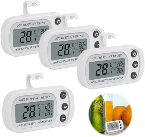 WDKXCN Fridge Thermometer, 4PCS Fridge Temperature Thermometer, Refrigerator Fridge Thermometer Digital with Large LCD Display, Fridge and Freezer Thermometer for Indoor/Outdoor/Home (White)