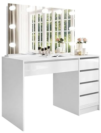 lukmebel - Schminktisch mit Spiegel - Schminkspiegel mit Beleuchtung und Schubladen - Make Up Tisch Frisiertisch Kosmetiktisch Weiß - MADA Elite