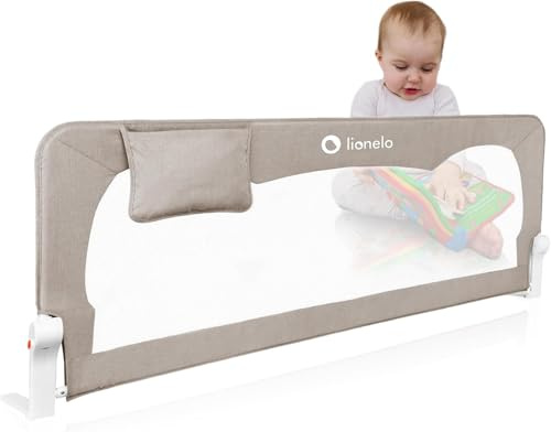 LIONELO Bed Rail Guard Hanna 150L x 66H cm Extra-Tall Universal Safety Bed Barrier for Toddlers, Foldable 180° with tilt Adjustment, Mesh Fabric, SecureBelt Straps, Safe Lock, Pocket, Easy to Install