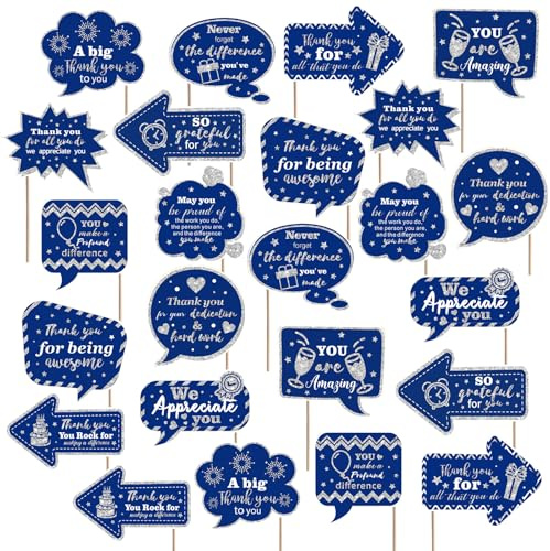 Weekgrat 24 Pcs Blue and Silver We Appreciate You Photo Booth Props Appreciation Party Decoration Thank You Sign Photo Props for Doctor Employee Volunteer Teacher Mother Nurse Appreciation
