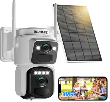 BEZOMIZ 8MP Caméra Surveillance WiFi Extérieure à Double Objectif,2,4/5Ghz,AI Détection Humaine avec Panneau Solaire,360° PTZ Caméra,Suivi Automatique,Vision Nocturne Couleur,Audio Bidirectionnel,IP66
