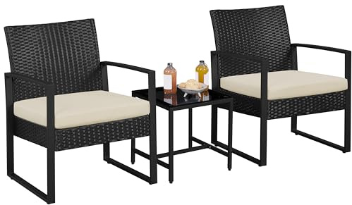 Yaheetech 3-Piece Rattan Garden Furniture Set 2 Chairs 1 Table, Black/Beige | Handwoven Rattan | Soft Cushions | Tempered Glass Tabletop | For Balcony, Porch, Garden, Backyard, Outdoor Use