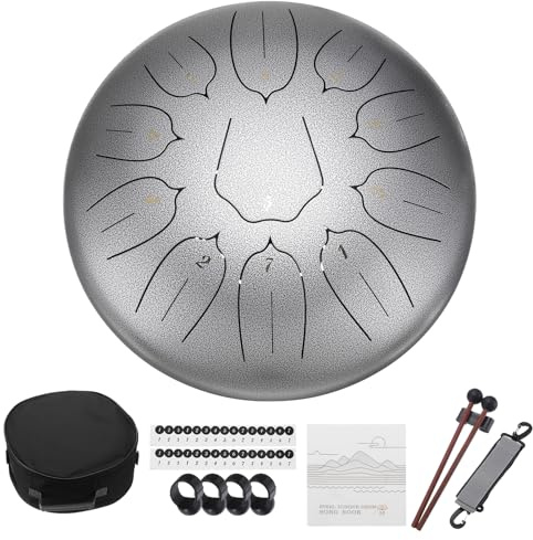 QUARKZMAN Acero Tambor, 12 Pulgadas 11 Notas Acero Mano Tambor con Bolsa, Tambor Mazos y Música Libro, Tambor Sin Preocupaciones para Yoga Meditación Acampada (Plata)