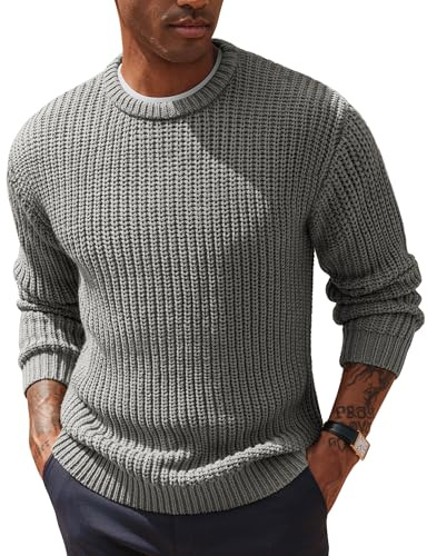 Pullover für Herren Grobstrick Pulli mit Rundhals Dicker Winterpullover Loose Fit Silbergrau M