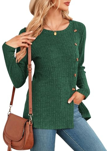 NARRAME Top da Donna Maglioni Verde a Maniche Lunghe per Donna Pullover Casual con Bottoni Invernali Spacco Laterale Medio