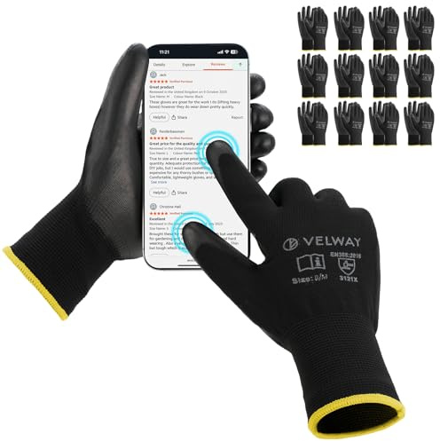 Velway Arbeitshandschuhe 12 Paar Touchscreen Handschuhe mit Grip - Rutschfeste PU-Beschichtete für Herren Damen Mechaniker Leichte Gartenhandschuhe Montagehandschuhe - Schwarz Größe 8/M