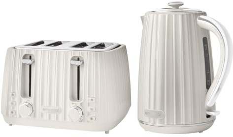 Emperial Flow Kettle and Toaster Set | 1.7L Cordless Electric Kettle | 4 Slice Toaster with Adjustable Browning | High Gloss Grooved Design (White)