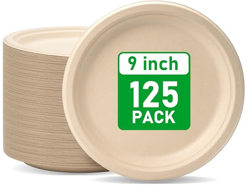 RACETOP Compostable Paper Plates 9 Inch [125 Pack], Disposable Biodegradable Heavy Duty Paper Plates, Made of Natural Sugarcane Fibers, Unbleached Brown, Round