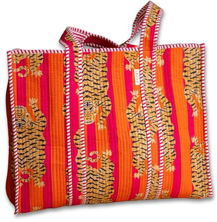 IBOAH Bolsa de Mano Grande Acolchada Artesanal de Algodón con Estampado de Tigres y Detalles en Rayas – Tote Bag Versátil para Playa, Compras, Viajes, Avión y Uso Diario (Naranja Tigres)