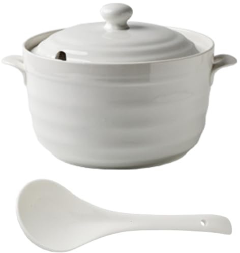 Keramisk gryta, Små kopparkastruller vit soppterrin porslin serverings med lock runda(Ceramic Cover,2.2L/2Quarts)