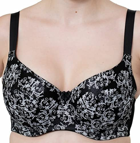 Liv Lingerie Ladies Black White Underwired Bra Full Cup Firm Hold and Uplift Regular and Large Plus Size (44 E, Black Paisley Print)
