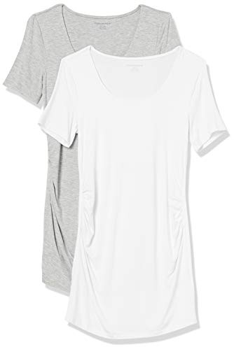 Amazon Essentials T-Shirt con Scollo Rotondo e Arricciatura a Maniche Corte Premaman Donna, Pacco da 2, Grigio Chiaro Puntinato/Bianco, L