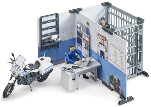 bruder 62732 - Bworld Polizeistation mit Polizeimotorrad - 1:16 Wachtmeister, Einsatzfahrzeug, Einsatzleitstelle, Gefängnis, Zelle, Zentrale, Spielzeug