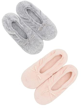 DICUIRD Women's Ballerina Slippers Lightweight House Slippers with Stretchable Heel Design, 2 Pack (Gray&Pink, 11-13)