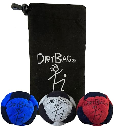 Dirtbag Classic Footbag Hacky Sack 3 Pack con sacchetto, unico, set di sacco a piedi con borsa per il trasporto, blu/grigio/rosso con custodia nera.