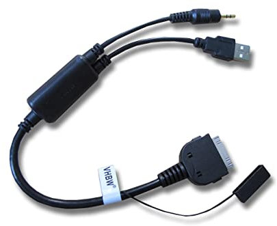 vhbw Cable de audio del coche compatible con iPod, Apple iPhone 3G, 3GS, 4S, 4G (4GB/8GB/16GB/32GB) - Adaptador Y, 350 cm negro