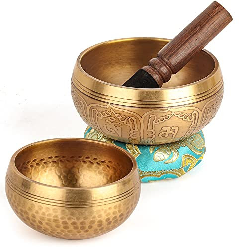 Tibetisches Klangschalen-Set, 100% handgefertigt in Nepal, Klangschale, Set für Meditation, Yoga, Chakra, Meditationsgeschenke, einzigartige Geschenke für Frauen, 2 Stück (10cm+8cm)