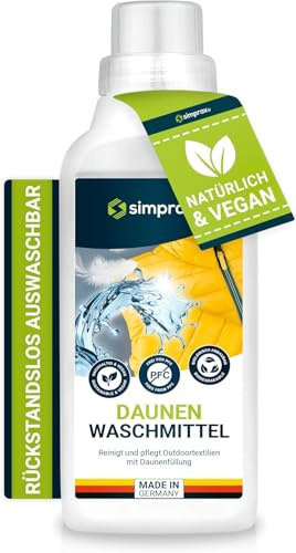SIMPRAX® Detersivo Liquido Lavatrice Per Piume E Piumini – Certificato GOTS & Biodegradabile, Senza Residui & Profumi – Cura Professionale Per Giacche In Piuma Sacchi A Pelo E Coperte – 2,5 L