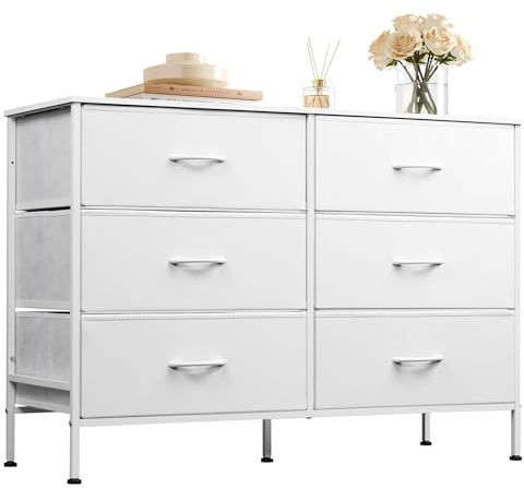 WLIVE Wide Dresser with 6 Fabric Drawers, TV Stand for 50 TV, Closet Dresser with Metal Frame, Wooden Top, Fabric Dressers for Bedroom, Closet, Hallway, Living Room, Entryway, White